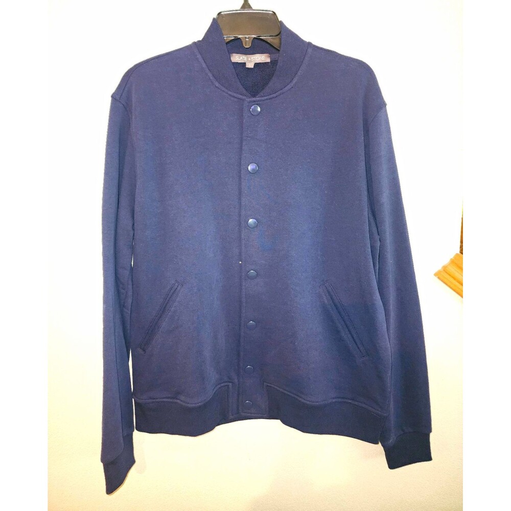 Slate & Stone Desmond Men's Navy Knit Bomber Jacket Cotton Blend Snap L Pockets